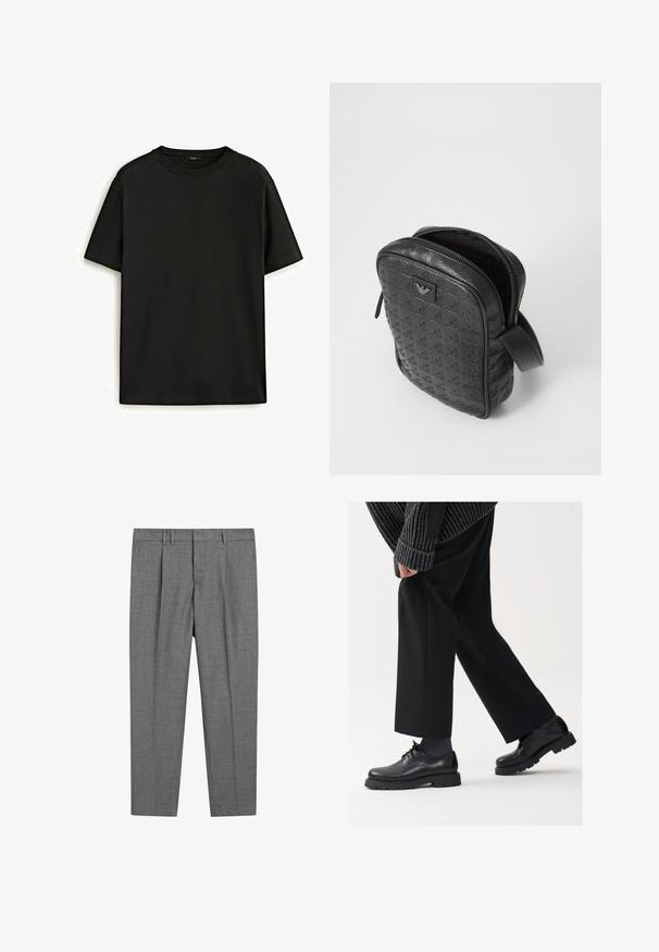Zwarte coltrui met een strakke kraag, lange mouwen en geribde manchetten en zoom. Gemaakt van zacht, rekbaar materiaal met een gladde textuur.; Zwarte katoenen t-shirt met een klassieke ronde hals, korte mouwen en een comfortabele pasvorm. Gladde textuur, zonder patronen of versieringen.; Grijze op maat gemaakte broek met een gestructureerde stof, voorzien van een platte voorkant, geplooide benen, riemlussen en een standaard tailleband.; Zwarte leren schoenen met een afgeronde neus, vetersluiting en een dikke, getextureerde zool. Draagt een gepaste zwarte broek en een geribbelde trui.; Zwarte, gestructureerde leren tas met een geometrisch patroon, rechthoekige vorm, bovenrits en een kort handvat. Heeft een logo-opdruk aan de voorkant.; Timex polshorloge met een zilveren wijzerplaat, zwarte uurmarkeringen en stalen kast. Het heeft een geëtste zwarte leren band. Eenvoudig, elegant ontwerp.