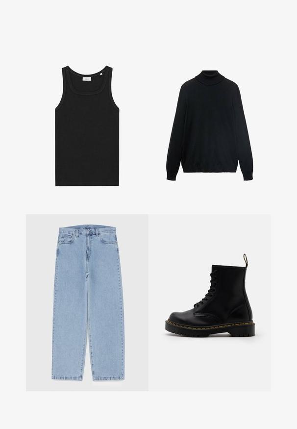 Czarny sweter z golfem, o dopasowanym kołnierzu, długich rękawach oraz ściągaczach przy mankietach i dolnym brzegu. Wykonany z miękkiej, elastycznej tkaniny o gładkiej fakturze.; Czarny bezrękawnik wykonany z miękkiego materiału. Posiada okrągły dekolt i czyste krawędzie, z prostym wzorem i bez widocznych logo.; Jasnoniebieskie dżinsy o prostym kroju nogawki, z średnim stanem, pięcioma kieszeniami oraz zapięciem na guzik i zamek błyskawiczny.; Czarne skórzane botki sięgające do kostki z sznurowanym przodem, żółtym przeszyciem, zaokrąglonym czubkiem i grubą, teksturowaną gumową podeszwą.