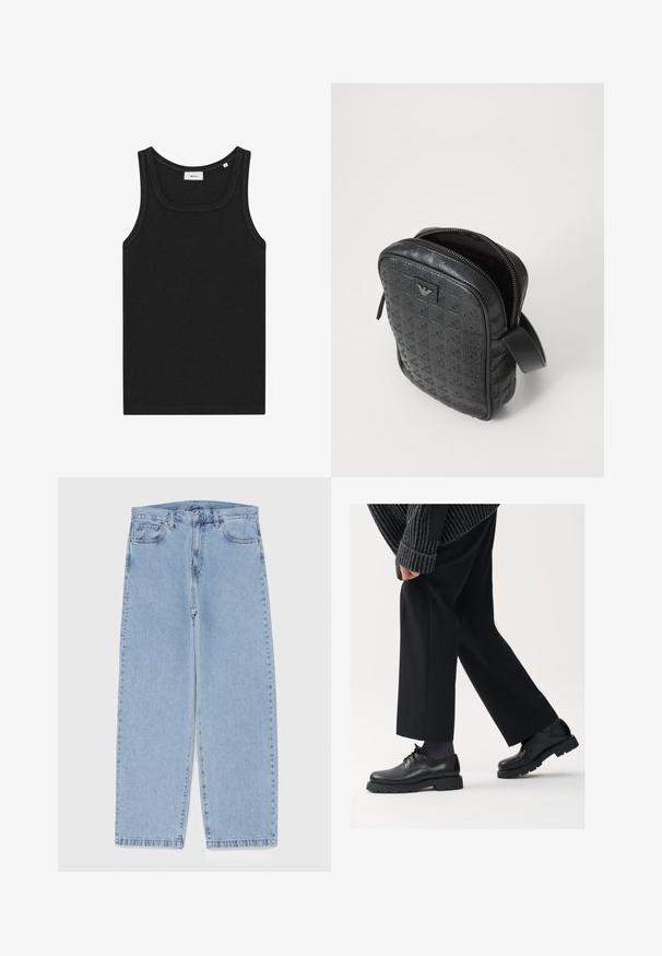 Maglione a collo alto nero con un colletto aderente, maniche lunghe e polsini e orlo a coste. Realizzato in tessuto morbido ed elastico con una texture liscia.; Top canotta nero senza maniche realizzato in tessuto morbido. Caratterizzato da un girocollo e bordi puliti, con un design semplice e senza loghi visibili.; Jeans in denim azzurro chiaro con design a gamba dritta, caratterizzati da una vita media, cinque tasche e chiusura con bottone e zip.; Scarpe in pelle nera con punta arrotondata, design con lacci e suola spessa e texture. Indossate con pantaloni neri su misura e un maglione a coste.; Borsa nera in pelle testurizzata con un motivo geometrico, forma rettangolare, cerniera superiore e manico corto. Presenta un'etichetta del logo sul davanti.; Orologio Timex con quadrante argentato, indici neri e cassa in acciaio. Presenta un cinturino in pelle nera texture. Design semplice ed elegante.