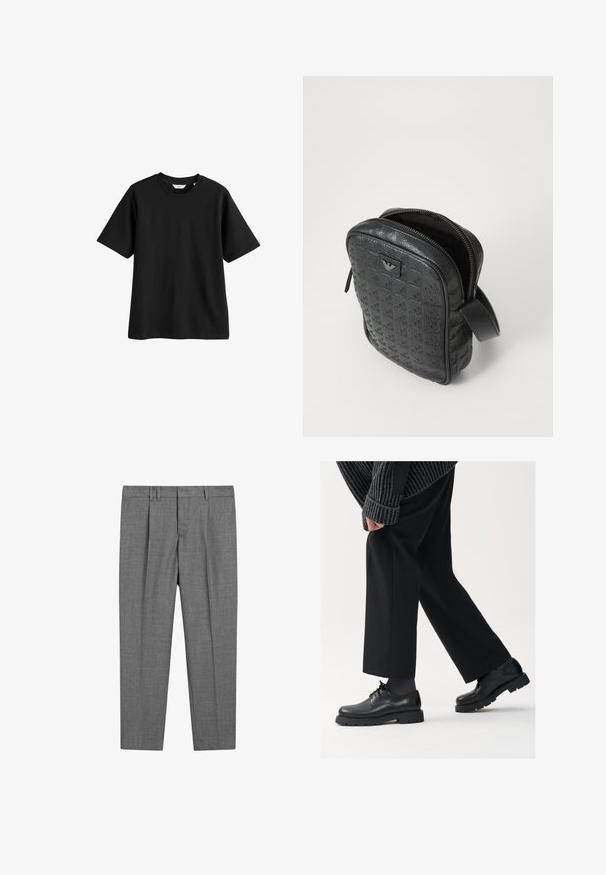 Black turtleneck sweater with a fitted collar, long sleeves, and ribbed cuffs and hem. Made from soft, stretchy fabric with a smooth texture.; Black cotton t-shirt with short sleeves, round neckline, and a relaxed fit. Smooth texture, no visible patterns or accents.; Gray tailored trousers with a textured weave, featuring a flat front, creased legs, belt loops, and a standard waistband.; Black leather shoes with a rounded toe, lace-up design, and thick, textured sole. Worn with tailored black trousers and a ribbed sweater.; Black, textured leather bag with a geometric pattern, rectangular shape, top zipper, and a short handle. Features a logo patch on the front.; Timex wristwatch with a silver dial, black hour markers, and steel case. It features a textured black leather strap. Simple, elegant design.