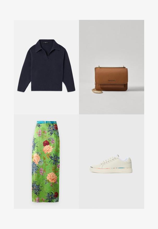 Námornícke pletené pulóver s ribovaným golierom, polovičným zapínaním a ribovaným lemom. Má dlhé rukávy a uvoľnený strih. Mäkkučká textura.; Kvetinová midi sukňa v zelenej saténovej látke s farebnými kvetmi v ružovej, modrej a červenej farbe. Dokončená tyrkysovým pásom a zložitými vzormi.; Off-white nízkoprofilová teniska s šnurovaním, biele vnútorné podšívka a jemný multicolor okraj pozdĺž okraja podrážky, bočný pohľad.; Hnedá textúrovaná kožená taška cez telo s zlatým reťazovým popruhom a preklopným uzáverom. Predná strana obsahuje detail s logom a vrecko pod preklopkou.