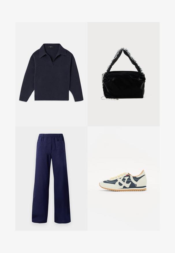 Pullover de malha azul-marinho com colarinho canelado, meia abertura e bainha canelada. Apresenta mangas longas e um corte confortável. Textura macia.; Calças largas azul-marinho com acabamento texturizado, faixa elástica na cintura e dois bolsos traseiros. Feitas de um tecido leve e respirável.; Sapatilhas com uma combinação de materiais creme, azul marinho e camurça, design de atacadores, costura diagonal e sola de borracha com tracção.; Bolsa de mão em pele sintética preta com acabamento texturizado, apresentando um detalhe de contas prateadas ao longo da alça superior e uma alça de corrente.