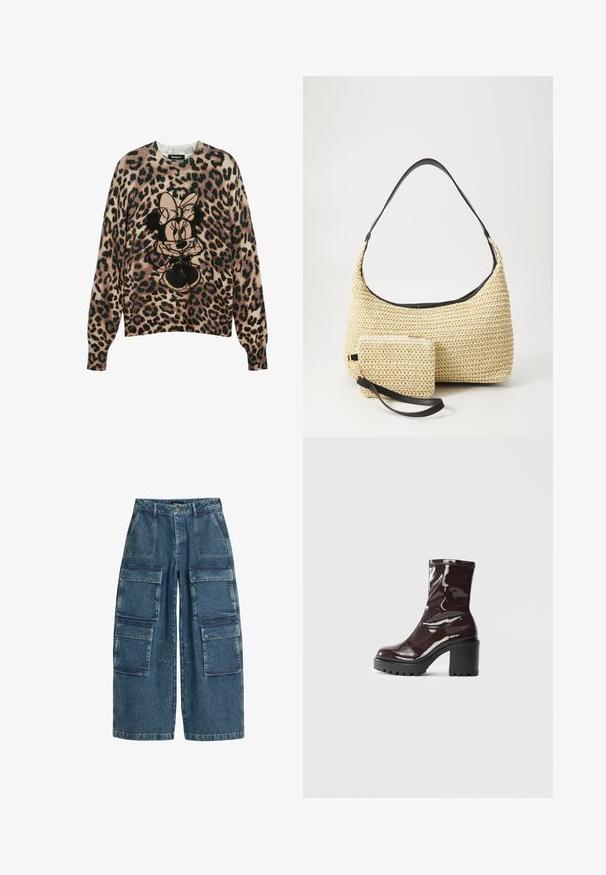 Leopardimustriga kampsun, mille keskosas on silmapaistev must ja beež graafika tegelasest. Kootud materjal, ümar kaelus, pikad varrukad.; Tumedat sinine denim cargo püksid, laiad sääred, mitme esikoti klappidega ja viimistletud servad.; Klakav läikiv burgundi värvi pahkluu saabas, millel on paks must konts, sile tekstuur ja lihtne disain. Nähtavad kinnitused või mustrid puuduvad.; Kootud õlekott, millel on kõver siluett, ja sile must nahkrihm ning sobiv väike kott, mis on kinnitatud randme rihmaga.