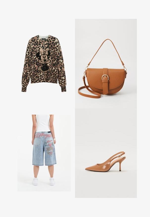 Sweater med leopardprint, der har en fremtrædende sort og beige grafik af en karakter i midten. Strikket materiale, rund hals, lange ærmer.; Lysblå denimshorts med løs pasform, der har farverige broderede tigermotiver og tekst på bagsiden, afsluttet med optrukne kanter.; Spids tå slingback hæl i et glat, blankt tan materiale. Har et buet udskæring design og en slank stiletto hæl. Sølv spænde detalje.; Brun læder crossbody taske med en buet form, guldfarvet hardware og en spændeaccent. Har en aftagelig skulderrem.