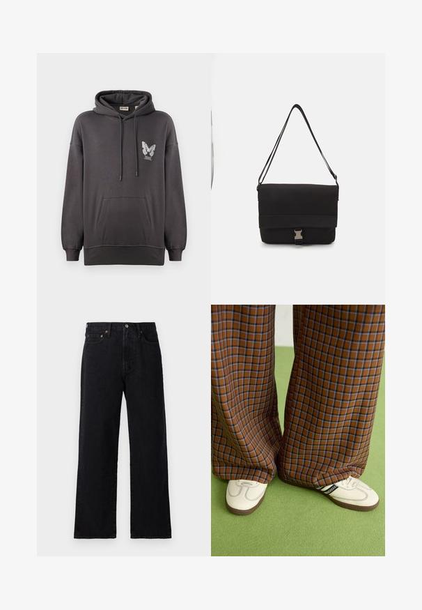 Sudadera gris con capucha, bolsillo frontal y un gráfico de mariposa en el lado izquierdo del pecho. Hecha de una tela suave y texturizada con cordones ajustables.; Jeans de mezclilla negra con corte recto, cinco bolsillos, detalles en hardware de cobre y un diseño minimalista con un acabado ligeramente texturizado.; Pantalones de pata de elefante de cuadros marrones y azules combinados con zapatos blancos con detalles en negro y suelas texturizadas, sobre un fondo verde.; Bolso mensajero negro hecho de material suave, con solapa plegable, herraje de cierre plateado y correa de hombro ajustable.