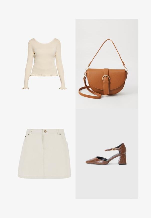 Top de manga larga ribeteado beige con escote redondeado y dobladillo con volantes. Presenta mangas ajustadas con extremos acampanados y una tela texturizada.; Minifalda de mezclilla en beige claro, con cintura alta, dos bolsillos delanteros y acentos de botón en bronce. Textura suave y diseño sencillo.; Zapato de tacón de charol marrón con punta cuadrada, patrón texturizado de cocodrilo, tira al tobillo con hebilla dorada y tacón ancho.; Bolso bandolera de cuero marrón con forma curvada, herrajes dorados y un acento de hebilla. Incluye una correa de hombro desmontable.