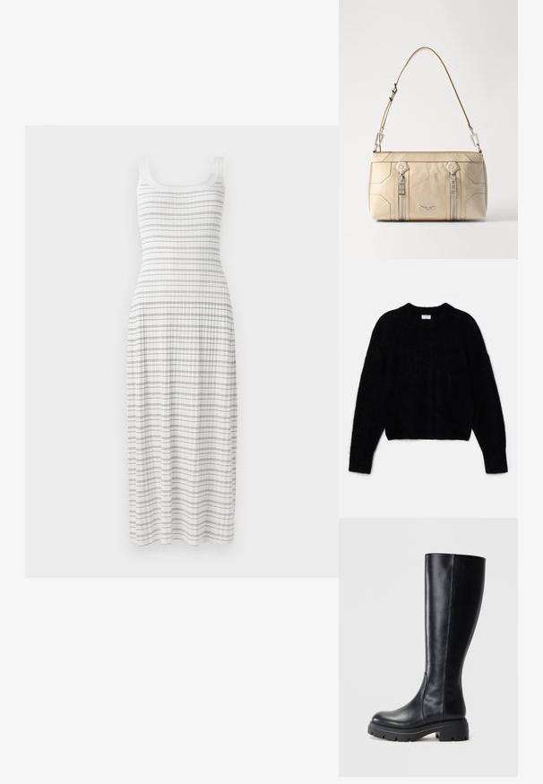 Czarny skrócony sweter z puszystego materiału. Posiada okrągły dekolt i długie rękawy o miękkiej fakturze. Minimalistyczny design, bez wzorów.; Biała sukienka maxi z dopasowaną górą i rozkloszowanym dołem. Posiada poziome niebieskie paski i żeberkową teksturę, z cienkimi ramiączkami.; Czarne kozaki za kolano wykonane z gładkiej skóry, z zaokrąglonym noskiem i masywną gumową podeszwą z bieżnikiem zapewniającym przyczepność.; Beżowa skórzana torebka z srebnym okuciem, z dwoma bocznymi zamkami błyskawicznymi, usztywnioną konstrukcją i odpinanym paskiem dla większej wszechstronności.