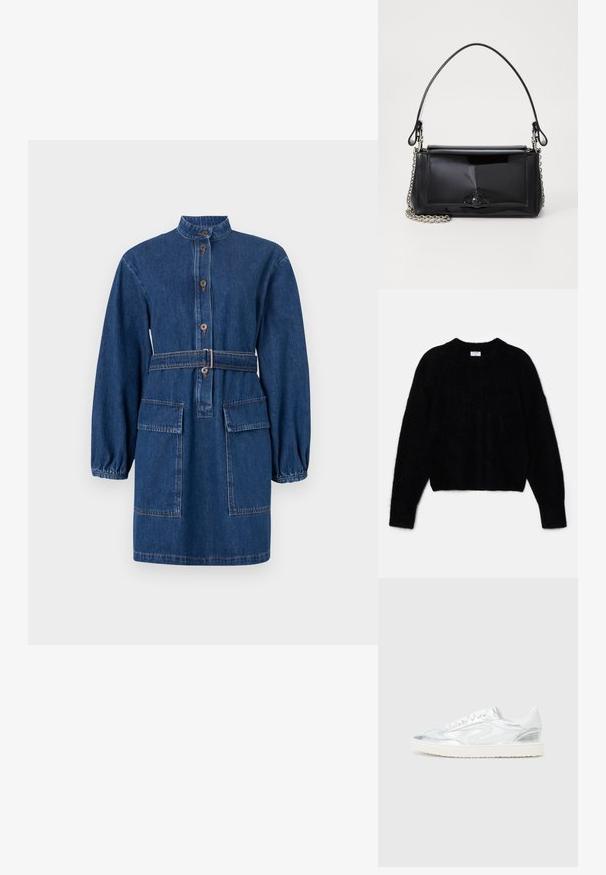 Black cropped sweater made of fluffy material. Features a round neckline and long sleeves with a soft texture. Minimal design, no patterns.; Denim dress with a collar, front button closure, cinched waist with a belt, long puffed sleeves, and two front pockets. Dark blue color.; White sneakers with metallic silver accents, smooth texture, round toe, flat sole, and traditional lace-up design.; Black patent leather handbag with a rectangular shape, chain strap, and a distinctive hardware accent in the center. Smooth texture.