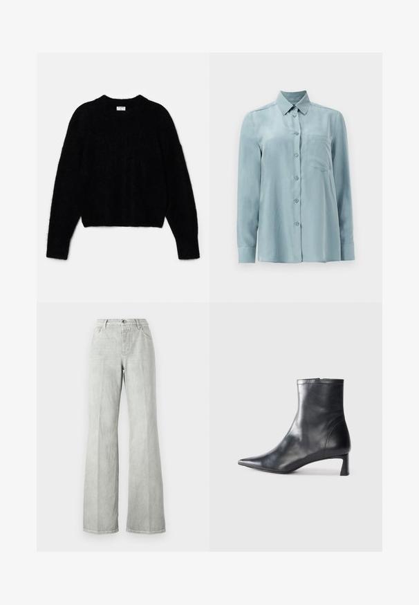 Schwarzer, kurzer Pullover aus plüschigem Material. Mit einem runden Ausschnitt und langen Ärmeln mit einer weichen Textur. Minimalistisches Design, keine Muster.; Hellblaues Langarmhemd aus glattem Stoff, mit Knopfleiste, Kragen und einer einzelnen Brusttasche.; Helle graue Schlagjeans aus Denim, mit hoher Taille, Fünf-Taschen-Design und einer sauberen Verarbeitung mit minimalen Nähten.; Schwarze Lederstiefelette mit spitzer Zehe und schlankem Design. Verfügt über einen niedrigen Absatz und einen Reißverschluss hinten. Glatte Textur.