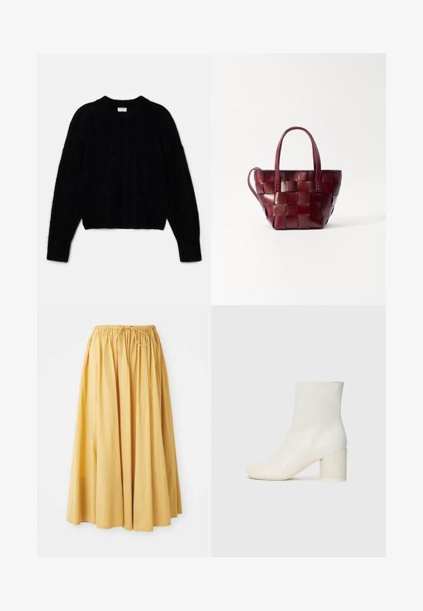 Černý zkrácený svetr vyrobený z nadýchaného materiálu. Má kulatý výstřih a dlouhé rukávy se měkkou texturou. Minimalistický design, bez vzorů.; Dlouhá žlutá sukně s elastickým pasem a šňůrkou. Vyrobena z lehkého materiálu, s nařasenými sklady pro volný design.; Bílé kožené kotníkové boty s kulatou špičkou a masivním cylindrickým podpatkem. Hladká textura, minimalistický design, žádné viditelné kování nebo vzory.; Tkaná bordó kožená taška přes rameno s dvěma krátkými uchy a odnímatelným ramenním popruhem. Má strukturovaný tvar a hladkou texturu.