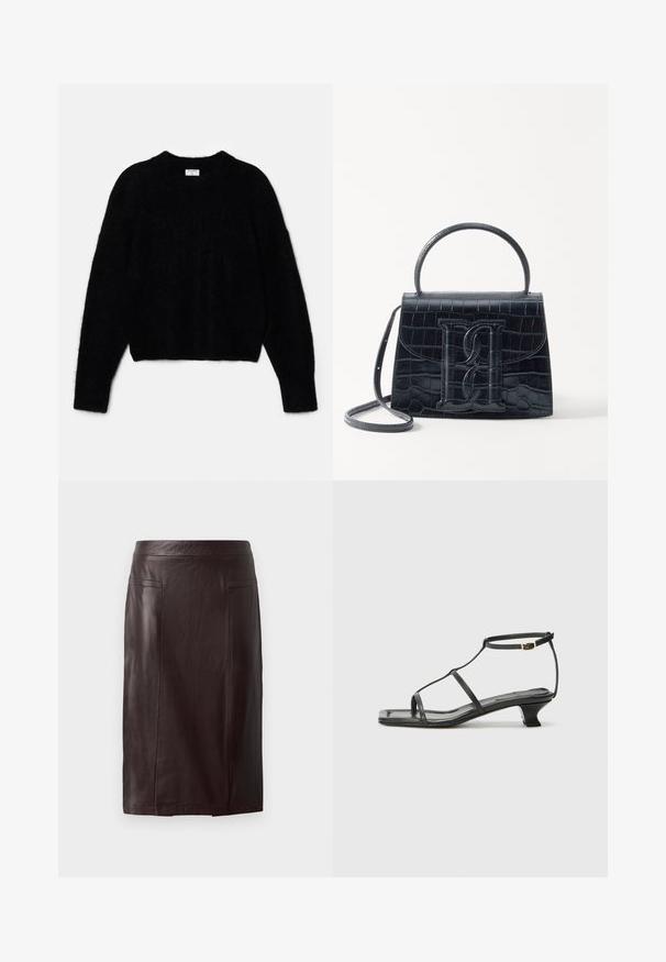 Must beebi, mis on tehtud karvase materjali jaoks. Omab ümarat kaelust ja pikki varrukaid, millel on pehme tekstuur. Minimalistlik disain, ilma mustriteta.; Pruunist nahast pliiatsiseelik, millel on sile tekstuur, kõrge vöökoht, kaks esimapanka ja põlvekõrgune lõige.; Must värviline nahk sandaal ruudukujulise varbaga, õhukeste rihmadega, kohandatava pahkluu rihmaga ja madala kandaga. Rihmal on väike kuldne aktsent.; Must musta krokodillimustriga nahast käekott, millel on struktureeritud disain, ülemine käepide, reguleeritav rihm ja silmapaistev esiküljel logo detail.