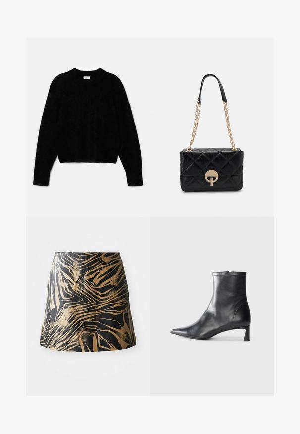 Maglione cropped nero realizzato in materiale soffice. Presenta un colletto rotondo e maniche lunghe con una consistenza morbida. Design minimale, senza fantasie.; Gonna nera e oro con motivo a strisce zebrate, realizzata in un materiale liscio con una forma aderente e un design a vita alta.; Stivaletto in pelle nera con punta affusolata e design elegante. Presenta un tacco basso e una chiusura con zip sul retro. Texture liscia.; Borsa a tracolla nera in pelle trapuntata con una catena dorata, caratterizzata da un dettaglio a chiusura circolare. Forma rettangolare compatta con una texture liscia.