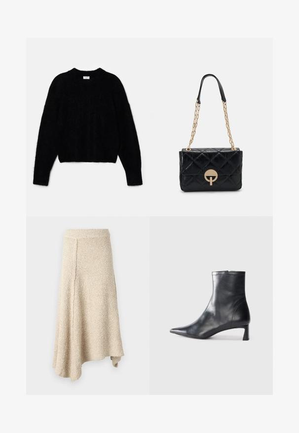Suéter negro corto hecho de material esponjoso. Presenta un cuello redondo y mangas largas con una textura suave. Diseño minimalista, sin patrones.; Falda texturizada beige con dobladillo acampanado, que presenta una cintura alta y un corte asimétrico, hecha de material de punto suave.; Botín de cuero negro hasta el tobillo con punta afilada y un diseño elegante. Presenta un tacón bajo y un cierre con cremallera en la parte trasera. Textura suave.; Bolso de mano de piel negra acolchada con una correa de cadena dorada, que presenta un detalle de cierre circular. Forma rectangular compacta con una textura suave.