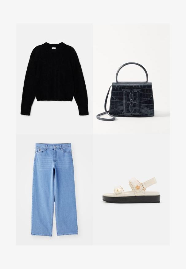 Black cropped sweater made of fluffy material. Features a round neckline and long sleeves with a soft texture. Minimal design, no patterns.; Light blue wide-leg jeans made of denim, featuring a classic five-pocket design and a button-fly closure. Smooth texture, frayed hem.; Beige adjustable sandals with a smooth texture, featuring two straps and a black platform sole. Gold logo detail on each strap.; Black crocodile-embossed leather handbag with a structured design, top handle, adjustable strap, and a prominent front logo detail.
