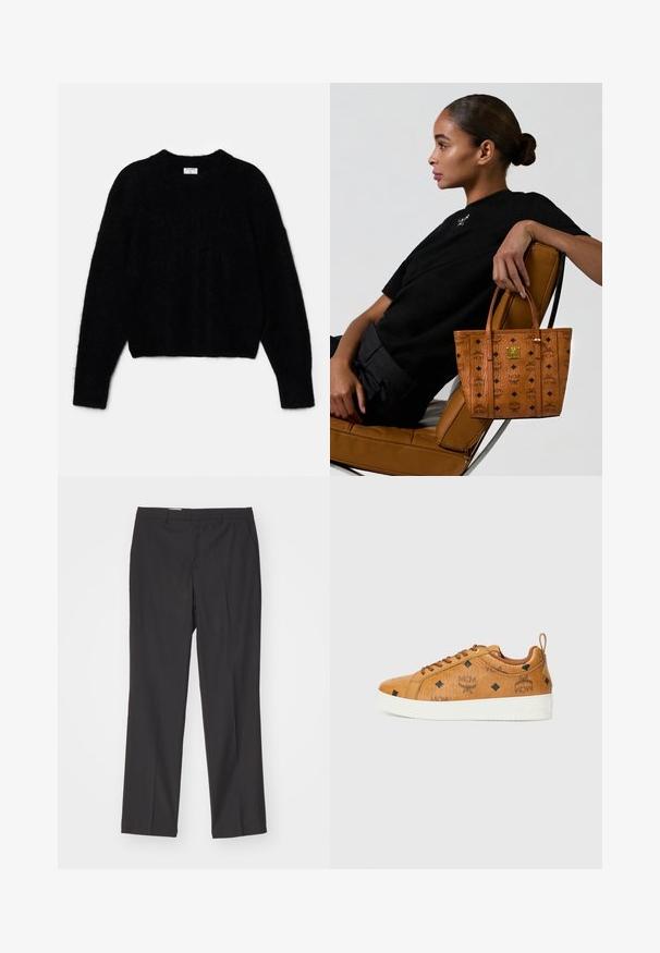 Svart kortad tröja i fluffigt material. Har en rund halsringning och långa ärmar med en mjuk textur. Minimalistisk design, inga mönster.; Svarta skräddarsydda byxor med rak bendesign, utrustade med bältesslingor och en slät yta, tillverkade av lättviktsmaterial.; Bruna lädersneakers med kontrasterande vita gummisulor, prydda med svarta diamantmönster och MCM-logotyper på sidan. Inkluderar snören och en bakre flik.; Kvinna med håret i knut sitter på sidan av en ljusbrun läderstol, håller en tan-mönstrad tote-väska med svarta logotyper och en gyllene emblem.