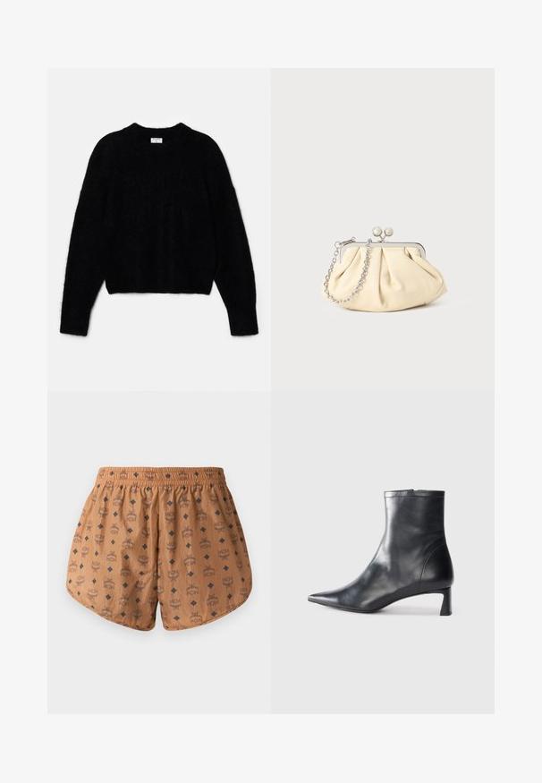 Sort cropped sweater lavet af blødt materiale. Har en rund halsudskæring og lange ærmer med en blød tekstur. Minimalistisk design, ingen mønstre.; Brune shorts med et helovertrykt logo-mønster og mørkeblå diamantdetaljer, elastisk talje og let, struktureret stof.; Sort læder ankelstøvle med spids tå og et strømlinet design. Har en lav hæl og en lynlås lukning bagpå. Glat tekstur.; Plisseret beige læderclutch med en sølvmetalramme, der har to runde dekorative låse og en sølvkædetrasporte.