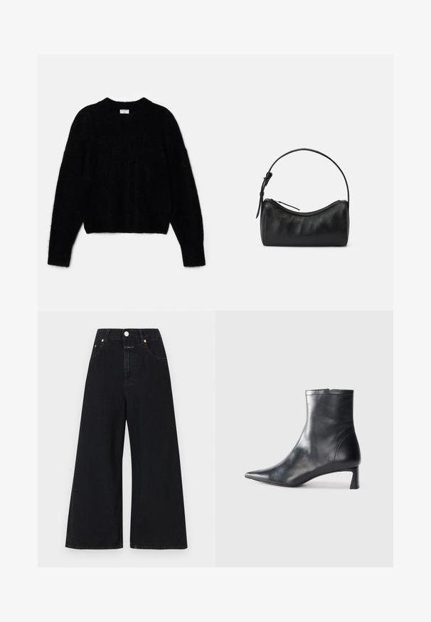 Must beebi, mis on tehtud karvase materjali jaoks. Omab ümarat kaelust ja pikki varrukaid, millel on pehme tekstuur. Minimalistlik disain, ilma mustriteta.; Mustad mustadest teksad, laia säärega. Omab kõrget taljet, pronksist detailide aktsente ja nööbikinnitust. Minimalistlik disain, ilma mustriteta.; Mustad mustall nahkasaabas terava nina ja stiilse disainiga. Omab madalat konts ja luku sulgemist taga. Sile tekstuur.; Musta nahast õlakott kaarjate joontega, tõmblukuga ja peene rihmaga. Omab siledat tekstuuri ja peeneid õmbluse detaile.