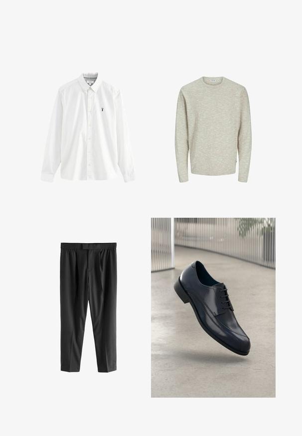Helebeežikas kamps, mis on valmistatud pehmest materjalist, ümarate kaeluste, pikkade varrukate ja veidi tekstuurse viimistlusega. Lihtne disain ilma mustriteta.; Valge pika varrukaga puuvillane särk. Omab nupuga kraed, kollaseid nuppe ja väikest tumesinist homaari logo vasakul rinnaosas.; Next REGULAR FIT -CHECK SMART - Chino-püksid - black; Läike must nahkne king, millel on paelad, hõljuv siledate heledate halli põranda kohal ning taustal vertikaalsed metallist vardad.
