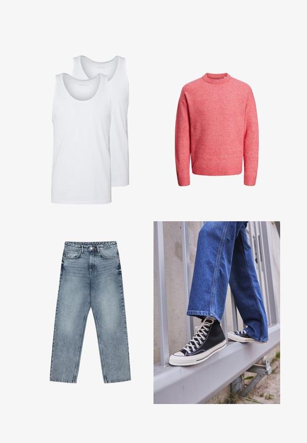 Švelnus rožinis megztinis su apvalia kaklo iškirpte, ilgomis rankovėmis ir raukiniais ant riešų bei apačios, eksponuojamas ant balto fono.; Baltos medvilninės tankų marškiniai su apvaliais kaklais, turintys lygią tekstūrą. Du vienetai rodomi, pažymėti "PIER ONE."; Šviesiai mėlynos džinsinės kelnės su tiesiu kelnės siluetu, matomomis siūlėmis, penkių kišenių dizainu ir mygtuko uždarymu juosmens srityje.; Juodi aukšti sportiniai bateliai su baltu padu ir raišteliais, derinami su laisvai krentančiais mėlynais džinsais, atremti į pilką turėklą.