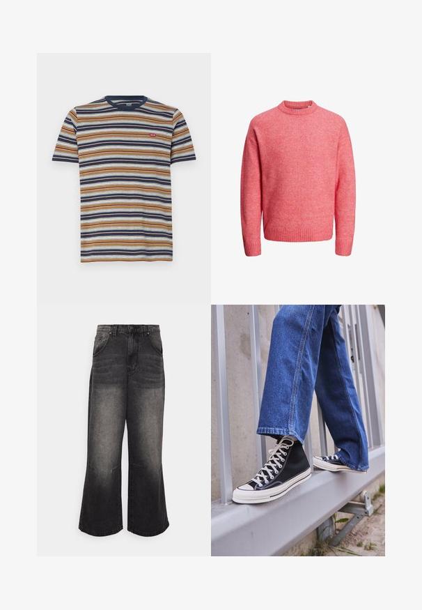 Blød lyserød crew neck sweater med lange ærmer og ribbede manchetter og kant, præsenteret på hvid baggrund.; Stribet T-shirt med korte ærmer, med vandrette striber i brun, marineblå, hvid og blå; lavet af bomuld, rund halsudskæring, lille logo ved brystet.; Bredde sorte denimjeans med en falmet overflade, der har høj talje, fem lommer og synlige sømdetaljer.; Sorte høj-top sneakers med hvid sål og snørebånd, parret med løse blå denimjeans, hvilende på et gråt gelænder.