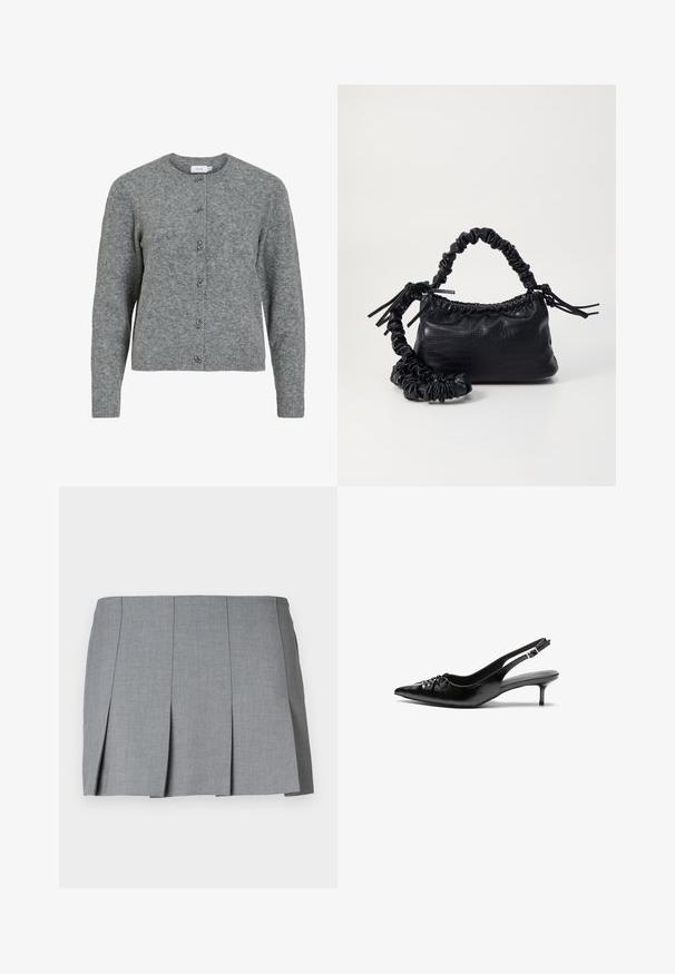 Grijze wollen cardigan met een ronde hals, lange mouwen en zes decoratieve zilverkleurige knopen aan de voorkant. Zachte textuur, minimalistisch ontwerp.; Grijze geplooide rok met een gladde textuur, gestructureerd ontwerp en een aansluitende taille. Gemaakt van een lichtgewicht stof met een subtiel patroon.; Zwarte leren slingback hakken met een spitse neus, kleine kittenhak en een decoratieve knoopdetail aan de voorkant. Smooth textuur overal.; Zwarte nepleer handtas met een krokodillenstructuur, opgedroogde bovenkant en een gekreukte hengsel. Het lijkt zacht en compact van ontwerp.