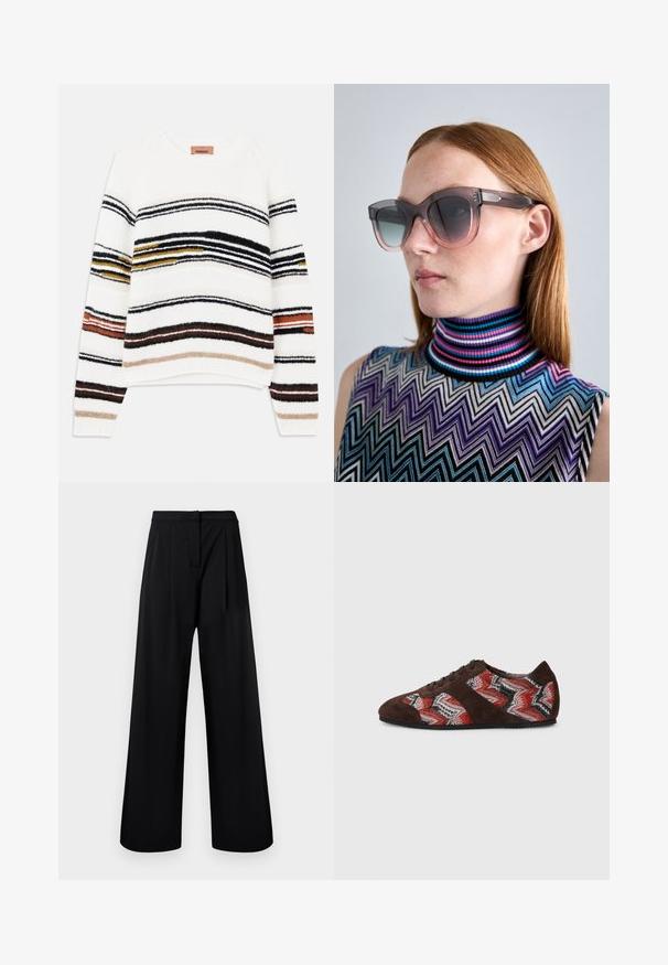 Cremfarbener Pullover mit horizontalen Streifen in Schwarz, Gold, Orange und Braun. Hergestellt aus einem weichen, strukturierten Strick mit Rundhalsausschnitt.; Schwarze, weit geschnittene Hosen aus glattem Stoff, mit hoher Taille und gefälteltem Detail. Keine sichtbaren Verzierungen oder Muster.; Braune Wildleder-Sneaker mit einem Zickzack-Muster aus gewebtem Stoff in Rot, Schwarz und Weiß, mit schwarzen Schnürsenkeln und einer Gummisohle.; Übergroße Sonnenbrille mit Farbverlauf, dunklem Rahmen und getönten Gläsern, getragen zu einem gemusterten, mehrfarbigen ärmellosen Oberteil mit hohem Kragen.