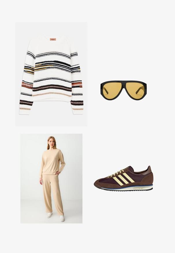 Kremowy sweter z poziomymi paskami w kolorach czarnym, złotym, pomarańczowym i brązowym. Wykonany z miękkiego, fakturowanego dzianiny z okrągłym dekoltem.; Beżowy sweter i pasujące szerokie spodnie, wykonane z miękkiego materiału. Posiada okrągły dekolt, opuszczone ramiona i boczne kieszenie.; Brązowe i burgundowe sneakersy wykonane z zamszu i siateczkowych materiałów, z trzema kremowymi paskami, teksturowanym materiałem na języku i gumową podeszwą.; Okulary przeciwsłoneczne z elegancką, czarną plastikową oprawką i żółtymi soczewkami, o wyraźnym kanciastym kształcie i szerokich zausznikach dla dodatkowej ochrony.; Denimowa scrunchie w niebieskich odcieniach z wzorem w kratę. Miękka faktura z marszczonymi krawędziami i elastycznym środkiem zapewniającym pewne trzymanie.