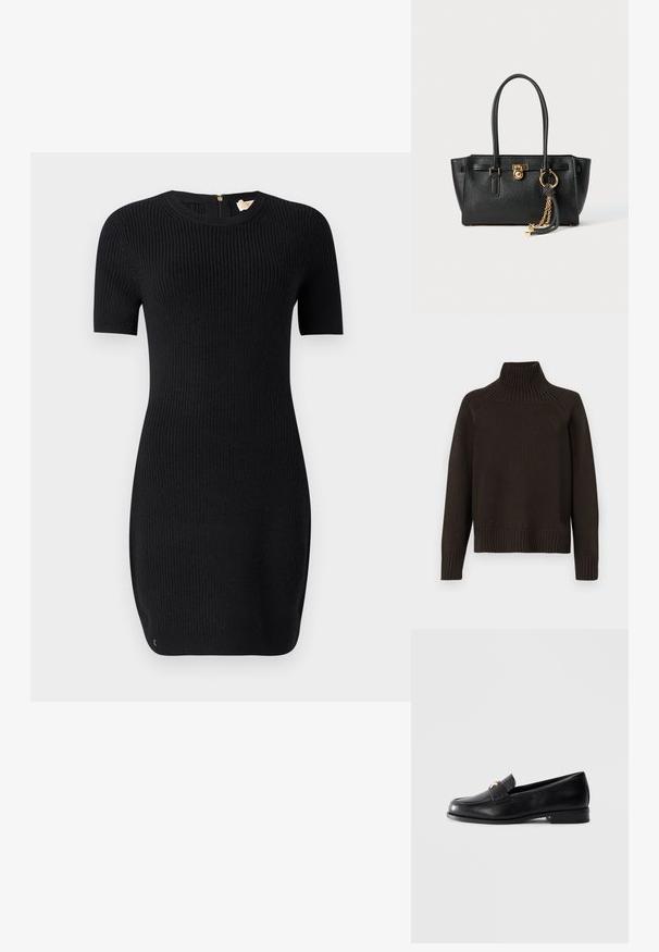 Črn pleten pulover s turtleneck ovratnikom, ki ima rebraste akcentne detajle na ovratniku, manšetah in robu; ima sproščen kroj in teksturirano površino.; Črna pletena obleka z rebrasto teksturo, kratkimi rokavi in okroglim izrezom. Ima zadrgo na hrbtu in oprijet kroj.; Črne usnjene loafers čevlje z nizko peto in zlatim dekorativnim emblemom na traku, prikazani na enostavni svetlo sivi ozadju.; Črna usnjena torbica z dvojno ročajema, zlatim ključavnico in detajlom verige, ter dodatkom črno-belih rese na belem ozadju.