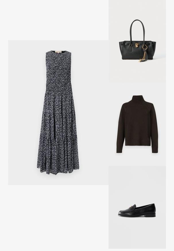 Musthave musternitrekki kaelusega must kampsun, millel on soonik aktsendid kaeluses, varrukates ja alläärtes; omab vabalt langevat lõiget ja tekstuurset pinda.; Mustard dress mustalise mustavalged ka punase ja_blule väikese lillemustriga. Õlata, mõmmistriinst, ja plisseeritud seeliku voolujooneline siluett.; Mustmust mustraha, madal konts ja kuldne dekoratiivne embleem rihmal, esitledes heledal hallil taustal.; Must musta kott, millel on kahekordsed käepidemed, kuldne lukustus ja kett, ning must-valge tutikate aksessuaar valge tausta ees.