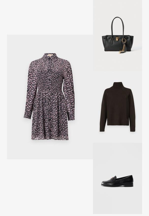 Juodas megztinis su aukštu kaklu, kuriame yra raukšlėti akcentai prie apykaklės, rankovių ir apatinės dalies; turi laisvą siluetą ir tekstūruotą paviršių.; Juoda suknelė su ilgomis rankovėmis, raukinėtu liemeniu, rožinės ir baltos spalvos gėlių raštu, apvaliu iškirpimu ir platėjančia sijonu. Lengvas audinys.; Juodas odinis loafer tipo batų su žemu kulnu ir auksine dekoratyvine emblema ant juostos, eksponuojamas ant vientiso šviesiai pilko fono.; Juoda odinė rankinė su dviem rankenomis, auksiniu užraktu ir grandinėlės detale, bei juodai baltu kutu prieš baltą foną.