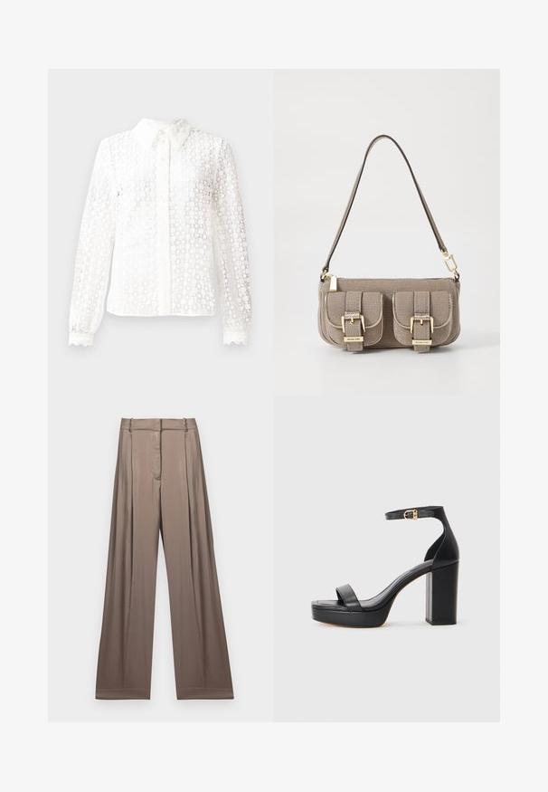 Zwarte gebreide coltrui met geribbelde accenten bij de kraag, mouwen en onderrand; heeft een losse pasvorm en een gestructureerd oppervlak.; Witte blouse van een materialen met kantachtige stijl, voorzien van een klassieke kraag, lange mouwen met golvende manchetten en een knoopsluiting aan de voorkant met decoratieve accenten.; Wijduitlopende broeken in een gedempt taupe kleur, gemaakt van een gladde stof met een satijnen afwerking. Heeft een op maat gemaakte tailleband en subtiele plooien.; Zwarte platform sandalen met een dikke blokhak, van glad leer, open teen ontwerp en een enkelband met een gouden gesp accent.; Beige handtas met textuur, verstelbare schouderriem, twee voorvakken beveiligd met gespen en accenten van gouden hardware. Ritssluiting aan de bovenkant.