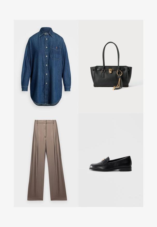 Black knitted turtleneck sweater featuring ribbed accents at the collar, cuffs, and hem; has a relaxed fit and textured surface.; Blue denim button-up shirt with long sleeves, a front pocket, and contrasting logo. Features a classic collar and rounded hem.; Wide-leg trousers in a muted taupe color, made of smooth fabric with a satin finish. Features a tailored waistband and subtle pleats.; Black leather loafer with low heel and gold decorative emblem on the strap, displayed on a plain light gray background.; Black leather handbag with double handles, gold lock and chain detail, and black-and-white tassel accessory against white background.