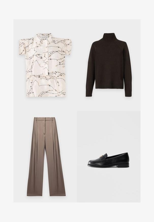Czarny sweter z golfem wykonany z dzianiny, z akcentami w prążki na kołnierzu, mankietach i dolnej krawędzi; ma luźny krój i teksturowaną powierzchnię.; Bluzka krótko rękawowa w kremowym kolorze z czarnym i beżowym haftem kwiatowym, z zapięciem na guziki i klasycznym kołnierzykiem.; Biała, krótka koszulka z bawełny, z krótkimi rękawami i haftowanym napisem "MICHAEL KORS" na przodzie.; Szerokie spodnie w stonowanym odcieniu taupe, wykonane z gładkiego materiału o satynowym wykończeniu. Posiadają dopasowany pas i subtelne fałdy.; Czarna skórzana mokasyna z niskim obcasem i złotą ozdobną emblematą na pasku, wyeksponowana na jednolitym jasnoszarym tle.