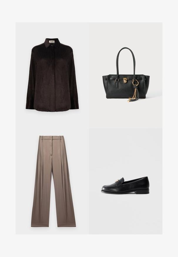 Black knitted turtleneck sweater featuring ribbed accents at the collar, cuffs, and hem; has a relaxed fit and textured surface.; Dark brown corduroy long-sleeve shirt with a collar, buttoned cuffs, and concealed front buttons, displayed on a white background.; White cropped T-shirt made of cotton, featuring short sleeves and "MICHAEL KORS" logo in matching embroidered text across the front.; Wide-leg trousers in a muted taupe color, made of smooth fabric with a satin finish. Features a tailored waistband and subtle pleats.; Black leather loafer with low heel and gold decorative emblem on the strap, displayed on a plain light gray background.; Black leather handbag with double handles, gold lock and chain detail, and black-and-white tassel accessory against white background.