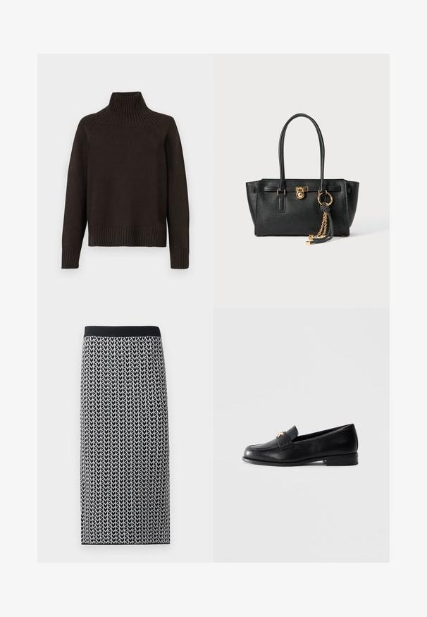 Schwarzer, gestrickter Rollkragenpullover mit gerippten Akzenten am Kragen, an den Bündchen und am Saum; hat eine lockere Passform und eine strukturierte Oberfläche.; Weißes, kurzes T-Shirt aus Baumwolle mit kurzen Ärmeln und dem aufgestickten "MICHAEL KORS"-Logo in passendem Schriftzug auf der Vorderseite.; Knielanger Rock aus dehnbarem Strickstoff mit einem Schwarz-Weiß-Pfeilmuster und einem schwarzen elastischen Taillenbund.; Schwarze Lederloafers mit flachem Absatz und goldenem dekorativem Emblem auf dem Riemen, präsentiert auf einem schlichten hellgrauen Hintergrund.; Schwarze Lederhandtasche mit doppelten Griffen, goldfarbener Verschluss- und Kettendetails sowie einem schwarz-weißen Quastenaccessoire vor weißem Hintergrund.
