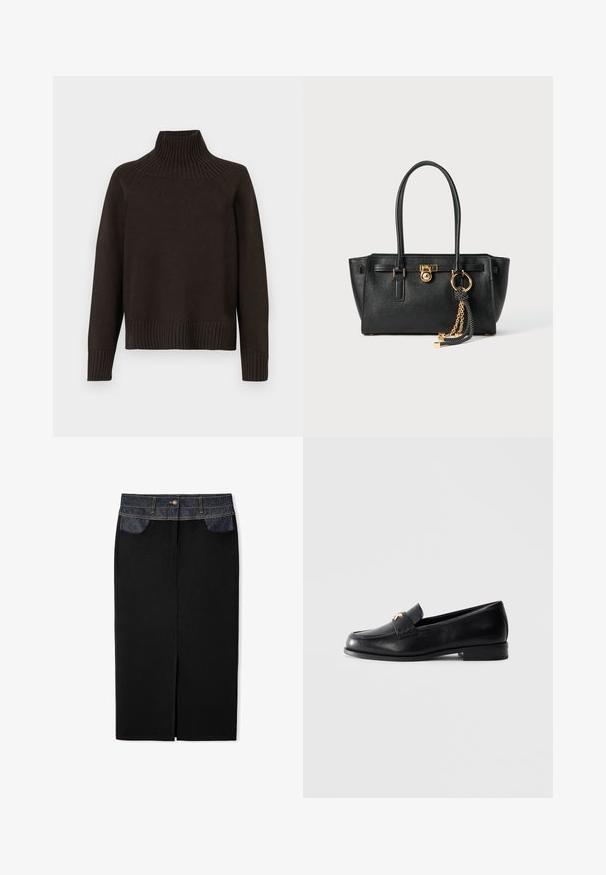 Pull en maille noire à col roulé avec des accents côtelés au niveau du col, des poignets et de l'ourlet ; il a une coupe décontractée et une surface texturée.; T-shirt blanc court en coton, avec des manches courtes et le logo "MICHAEL KORS" brodé ton sur ton à l'avant.; Jupe en denim noir avec une taille en denim bleu foncé, des accents de coutures dorées et une fente frontale. Comprend des poches avant pour plus de praticité.; Mocassin en cuir noir avec un petit talon et un emblème décoratif en or sur la sangle, présenté sur un fond gris clair uni.; Sac à main en cuir noir avec double anses, serrure dorée et détails en chaîne, et accessoire à pompon noir et blanc sur fond blanc.