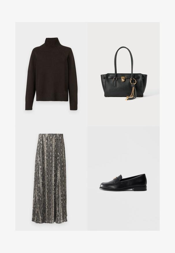 Black knitted turtleneck sweater featuring ribbed accents at the collar, cuffs, and hem; has a relaxed fit and textured surface.; White cropped T-shirt made of cotton, featuring short sleeves and "MICHAEL KORS" logo in matching embroidered text across the front.; Pleated midi skirt in a snake print pattern, featuring shades of grey, black, and beige. Made of lightweight fabric with an elastic waistband.; Black leather loafer with low heel and gold decorative emblem on the strap, displayed on a plain light gray background.; Black leather handbag with double handles, gold lock and chain detail, and black-and-white tassel accessory against white background.