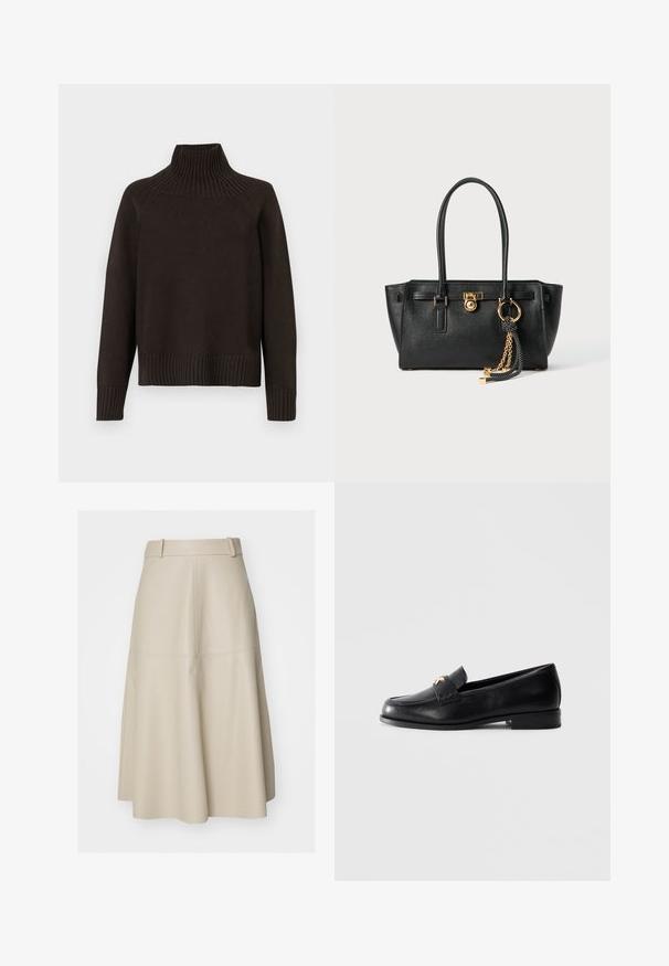 Sort striketrøje med høj hals, der har ribbede detaljer ved kraven, ærmerne og kanten; har en afslappet pasform og tekstureret overflade.; Hvid kortærmet T-shirt lavet af bomuld, med korte ærmer og "MICHAEL KORS" logo i matchende broderet tekst over fronten.; Beige læder A-linje skørt med en tætsiddende talje, subtil tekstur og sømdetaljer, der falder til midt på læggen.; Sort læder loafers med lav hæl og guld dekoreret emblem på remmen, præsenteret på en ensfarvet lys grå baggrund.; Sort læder skuldertaske med dobbelte håndtag, guld lås og kædedetalje samt sort-hvid kvast tilbehør mod hvid baggrund.