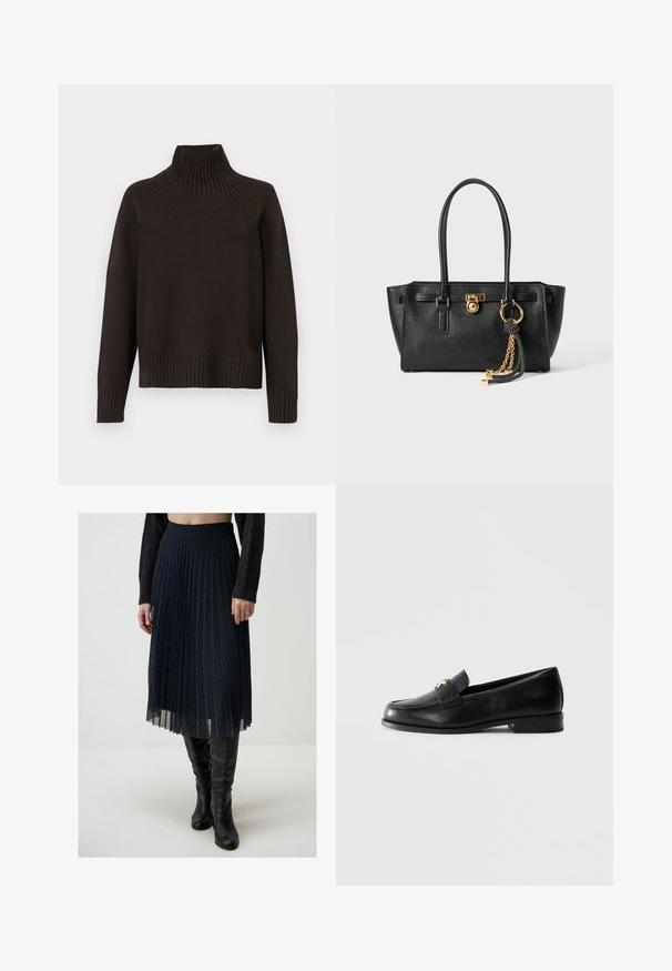 Maglione a collo alto in maglia nera con dettagli a coste al collo, ai polsini e all'orlo; ha una vestibilità ampia e una superficie texture.; T-shirt bianco cropped in cotone, con maniche corte e logo "MICHAEL KORS" ricamato in testo abbinato sul davanti.; Gonna plissettata di colore blu navy realizzata in tessuto leggero con un motivo a diamante. Presenta una vita elasticizzata e un design fluido e stratificato.; Mocassino in pelle nera con tacco basso e emblema decorativo dorato sulla fascia, esposto su uno sfondo grigio chiaro uniforme.; Borsa a mano in pelle nera con doppi manici, lucchetto dorato e dettaglio a catena, accessorio con nappina in bianco e nero su sfondo bianco.