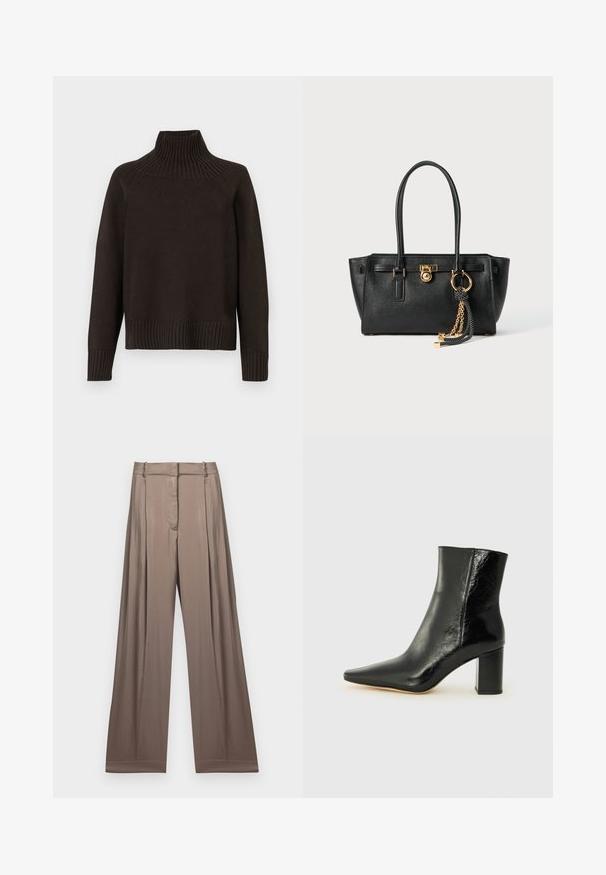 Sort striketrøje med høj hals, der har ribbede detaljer ved kraven, ærmerne og kanten; har en afslappet pasform og tekstureret overflade.; Hvid kortærmet T-shirt lavet af bomuld, med korte ærmer og "MICHAEL KORS" logo i matchende broderet tekst over fronten.; Bredde ben bukser i en afdæmpet taupe farve, lavet af glat stof med satinfinish. Har en skræddersyet talje og subtile plisseringer.; Sorte ankelstøvler lavet af blank læder med spidse tæer og en kraftig, kvadratisk hæl. Har en glat overflade og minimalistisk design.; Sort læder skuldertaske med dobbelte håndtag, guld lås og kædedetalje samt sort-hvid kvast tilbehør mod hvid baggrund.