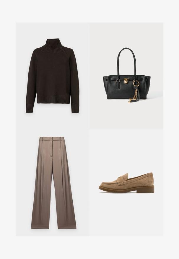 Sort striketrøje med høj hals, der har ribbede detaljer ved kraven, ærmerne og kanten; har en afslappet pasform og tekstureret overflade.; Hvid kortærmet T-shirt lavet af bomuld, med korte ærmer og "MICHAEL KORS" logo i matchende broderet tekst over fronten.; Bredde ben bukser i en afdæmpet taupe farve, lavet af glat stof med satinfinish. Har en skræddersyet talje og subtile plisseringer.; Suedeslippers i beige med rund tå, dekoreret syning og en lav, kraftig gummihæl for ekstra greb og komfort.; Sort læder skuldertaske med dobbelte håndtag, guld lås og kædedetalje samt sort-hvid kvast tilbehør mod hvid baggrund.