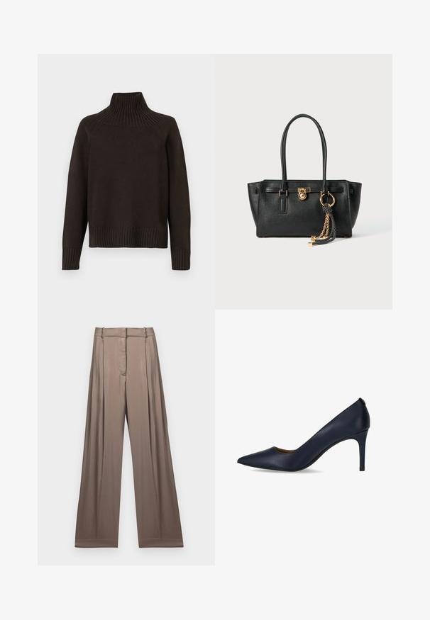 Czarny sweter z golfem wykonany z dzianiny, z akcentami w prążki na kołnierzu, mankietach i dolnej krawędzi; ma luźny krój i teksturowaną powierzchnię.; Biała, krótka koszulka z bawełny, z krótkimi rękawami i haftowanym napisem "MICHAEL KORS" na przodzie.; Szerokie spodnie w stonowanym odcieniu taupe, wykonane z gładkiego materiału o satynowym wykończeniu. Posiadają dopasowany pas i subtelne fałdy.; Granatowe szpilki wykonane z gładkiej skóry, z ostrym noskiem i smukłym obcasem. Prosty design bez dodatkowych ozdobników.; Czarna skórzana torebka na podwójnych uchwytach, ze złotym zamkiem i łańcuszkiem, a także czarno-białym ozdobnym frędzlem na białym tle.