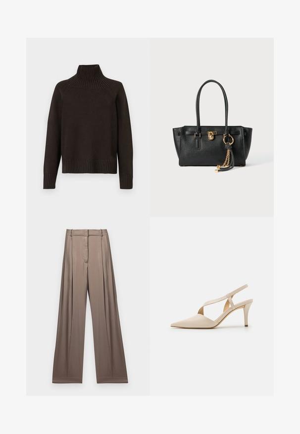 Jersey negro de cuello alto con acentos acanalados en el cuello, los puños y el dobladillo; tiene un ajuste holgado y una superficie texturizada.; Camiseta corta blanca de algodón, con mangas cortas y el logotipo "MICHAEL KORS" bordado en texto a juego en el pecho.; Pantalones de pierna ancha en un color topo suave, fabricados en un tejido liso con un acabado satinado. Presentan una cintura ajustada y pliegues sutiles.; Zapatos de tacón en color beige con diseño de punta. Fabricados con material suave, cuentan con un tacón delgado y detalles de tiras cruzadas para un ajuste seguro.; Bolso de cuero negro con doble asa, cierre dorado y detalles en cadena, y accesorio de borlas en blanco y negro, sobre fondo blanco.