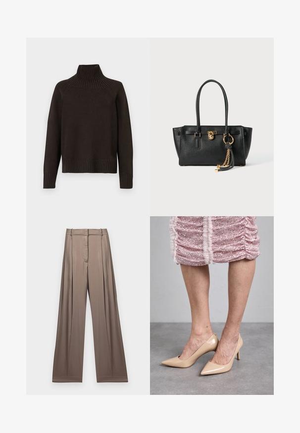 Maglione a collo alto in maglia nera con dettagli a coste al collo, ai polsini e all'orlo; ha una vestibilità ampia e una superficie texture.; T-shirt bianco cropped in cotone, con maniche corte e logo "MICHAEL KORS" ricamato in testo abbinato sul davanti.; Pantaloni a gamba larga in un colore taupe smorzato, realizzati in tessuto liscio con una finitura satinata. Presentano una cintura su misura e delle pieghe sottili.; Tacchi alti in pelle lucida beige con punta affusolata e tacco sottile. Texture liscia con un design elegante. Indossati con un vestito rosa con paillettes.; Borsa a mano in pelle nera con doppi manici, lucchetto dorato e dettaglio a catena, accessorio con nappina in bianco e nero su sfondo bianco.