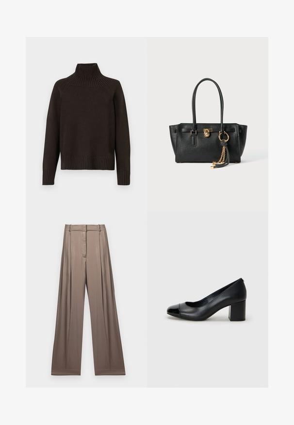 Maglione a collo alto in maglia nera con dettagli a coste al collo, ai polsini e all'orlo; ha una vestibilità ampia e una superficie texture.; T-shirt bianco cropped in cotone, con maniche corte e logo "MICHAEL KORS" ricamato in testo abbinato sul davanti.; Pantaloni a gamba larga in un colore taupe smorzato, realizzati in tessuto liscio con una finitura satinata. Presentano una cintura su misura e delle pieghe sottili.; Décolleté in pelle nera con punta lucida nera e tacco chunky. Textura liscia e design arrotondato con un'apertura discreta sul davanti.; Borsa a mano in pelle nera con doppi manici, lucchetto dorato e dettaglio a catena, accessorio con nappina in bianco e nero su sfondo bianco.
