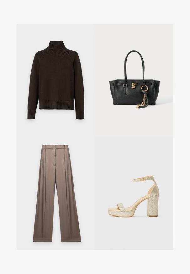 Črn pleten pulover s turtleneck ovratnikom, ki ima rebraste akcentne detajle na ovratniku, manšetah in robu; ima sproščen kroj in teksturirano površino.; Bela skrajšana majica iz bombaža z kratkimi rokavi, z logotipom "MICHAEL KORS" v usklajenem vezenem napisu spredaj.; Široke hlače v utišanem taupe odtenku, narejene iz gladke tkanine s satenskim finišem. Imajo oblikovano pasnico in subtilne plise.; Zlate bleščeče platforme visoke pete sandale z ankel trakom in sponko na beli podlagi.; Črna usnjena torbica z dvojno ročajema, zlatim ključavnico in detajlom verige, ter dodatkom črno-belih rese na belem ozadju.