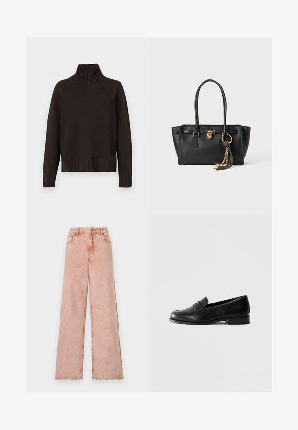 Musta neulepusero, jossa on ribbestykset kauluksessa, hihoissa ja helmassa; rento malli ja teksturoitu pinta.; Valkoinen lyhytcropattu T-paita, joka on valmistettu puuvillasta. Sen hihoissa on lyhyet hihat ja edessä on "MICHAEL KORS" -logo samanvärisesti brodeeratuna.; Vaaleanpunaiset leveälahkeiset farkut haalistuneesta denimmateriaalista. Ominaisuuksiin kuuluvat viisi taskua ja erottuva ompelu. Klassinen nappi- ja vetoketjusulku.; Musta nahkakengät matalalla korolla ja kultaisella koriste-embleemilla hihnassa, esiteltynä tasaisella vaaleanharmaalla taustalla.; Musta nahkainen käsilaukku, jossa on kaksinkertaiset kahvat, kultainen lukko ja ketjuyksityiskohta, sekä musta-valkoinen tupsu koriste, valkoista taustaa vasten.