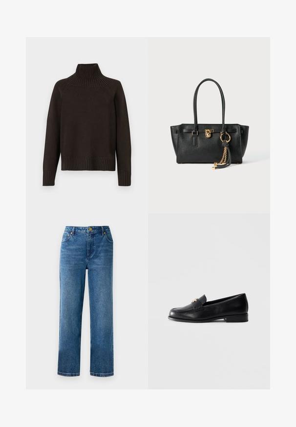 Suéter de gola alta em malha preta com detalhes canelados na gola, mangas e barra; possui um corte relaxado e uma superfície texturizada.; T-shirt branca cropped feita de algodão, com mangas curtas e o logótipo "MICHAEL KORS" em texto bordado correspondente na parte da frente.; Jeans azuis de cintura alta com corte reto, feitos de denim, com cinco bolsos e detalhes em metal dourado.; Sapo de couro preto tipo loafer com salto baixo e emblema decorativo dourado na tira, exibido sobre um fundo cinza claro liso.; Bolsa de pele preta com alças duplas, fecho dourado e detalhe em corrente, além de um acessório de tassel preto e branco, contra um fundo branco.