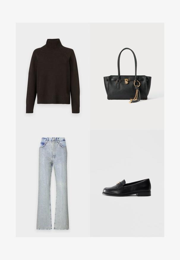 Musta neulepusero, jossa on ribbestykset kauluksessa, hihoissa ja helmassa; rento malli ja teksturoitu pinta.; Valkoinen lyhytcropattu T-paita, joka on valmistettu puuvillasta. Sen hihoissa on lyhyet hihat ja edessä on "MICHAEL KORS" -logo samanvärisesti brodeeratuna.; Vaalean siniset farkut leveällä lahkeella, joissa on hopeisia koristeita ruutukuviossa, korkea vyötärö ja repaleinen helma.; Musta nahkakengät matalalla korolla ja kultaisella koriste-embleemilla hihnassa, esiteltynä tasaisella vaaleanharmaalla taustalla.; Musta nahkainen käsilaukku, jossa on kaksinkertaiset kahvat, kultainen lukko ja ketjuyksityiskohta, sekä musta-valkoinen tupsu koriste, valkoista taustaa vasten.