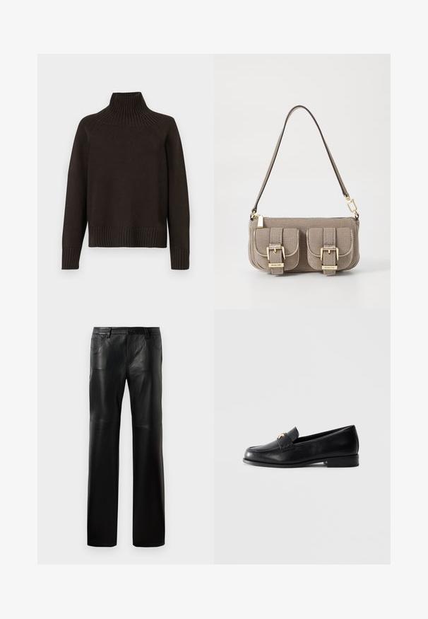Čierny pletený rolák so žebrovanými detailmi na golieri, manžetách a leme; má voľný strih a textúrovaný povrch.; Biele skrátené tričko vyrobené z bavlny, s krátkymi rukávmi a vyšitým nápisom "MICHAEL KORS" v zodpovedajúcom dizajne na prednej strane.; Čierne kožené nohavice so strehaťom, s gombíkovým pásom, piatimi vreckami a viditeľným prešívaním pozdĺž švov.; Čierne kožené mokasíny s nízkym podpätkom a zlatým dekoračným emblemom na remienku, vystavené na jednofarebnom svetlošedom pozadí.; Bežová taška s textúrou a nastaviteľným popruhom, dve predné vrecká zabezpečené prackami a zlaté kovové prvky. Zips na vrchu.